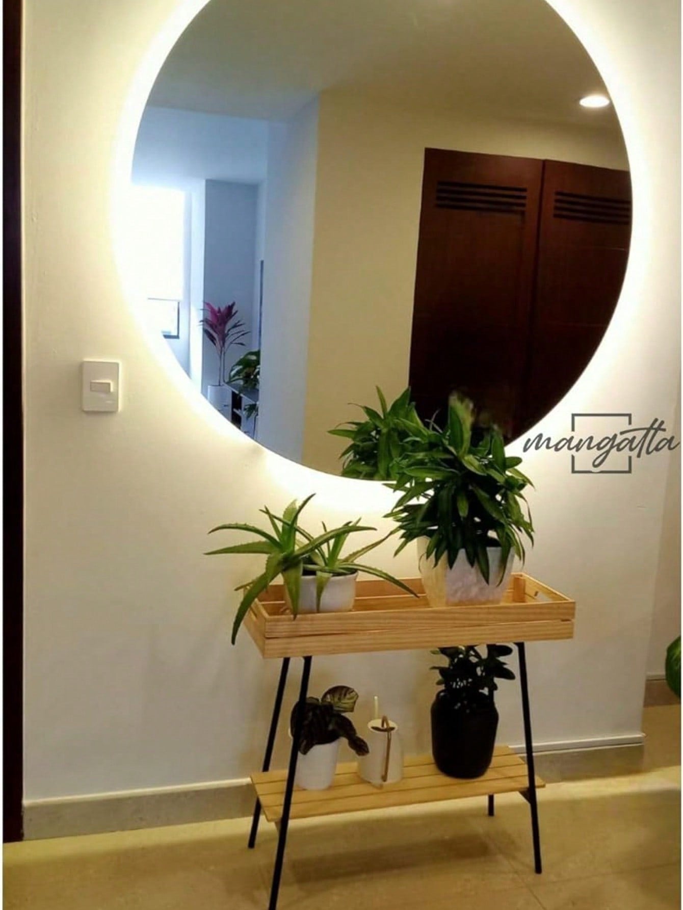 Espejo circular moderno con luz LED montado en pared sobre mesa de madera y plantas decorativas