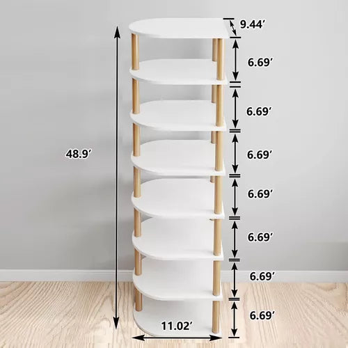 Organizador de calzado sofisticado de madera y blanco con siete niveles y dimensiones detalladas