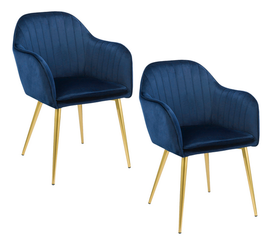 2 Sillas de comedor de terciopelo con respaldo medio, sillón moderno patas chapadas en oro, silla tapizada para sala de estar (azul)