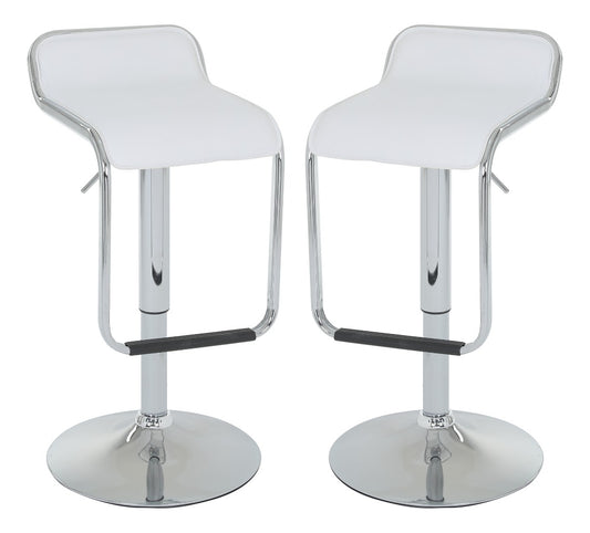 Par de bancos altos giratorios blancos con estructura metálica cromada y diseño minimalista