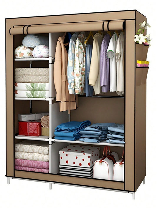 Closet portátil resistente de tela marrón con estantes y barra para colgar ropa organizado