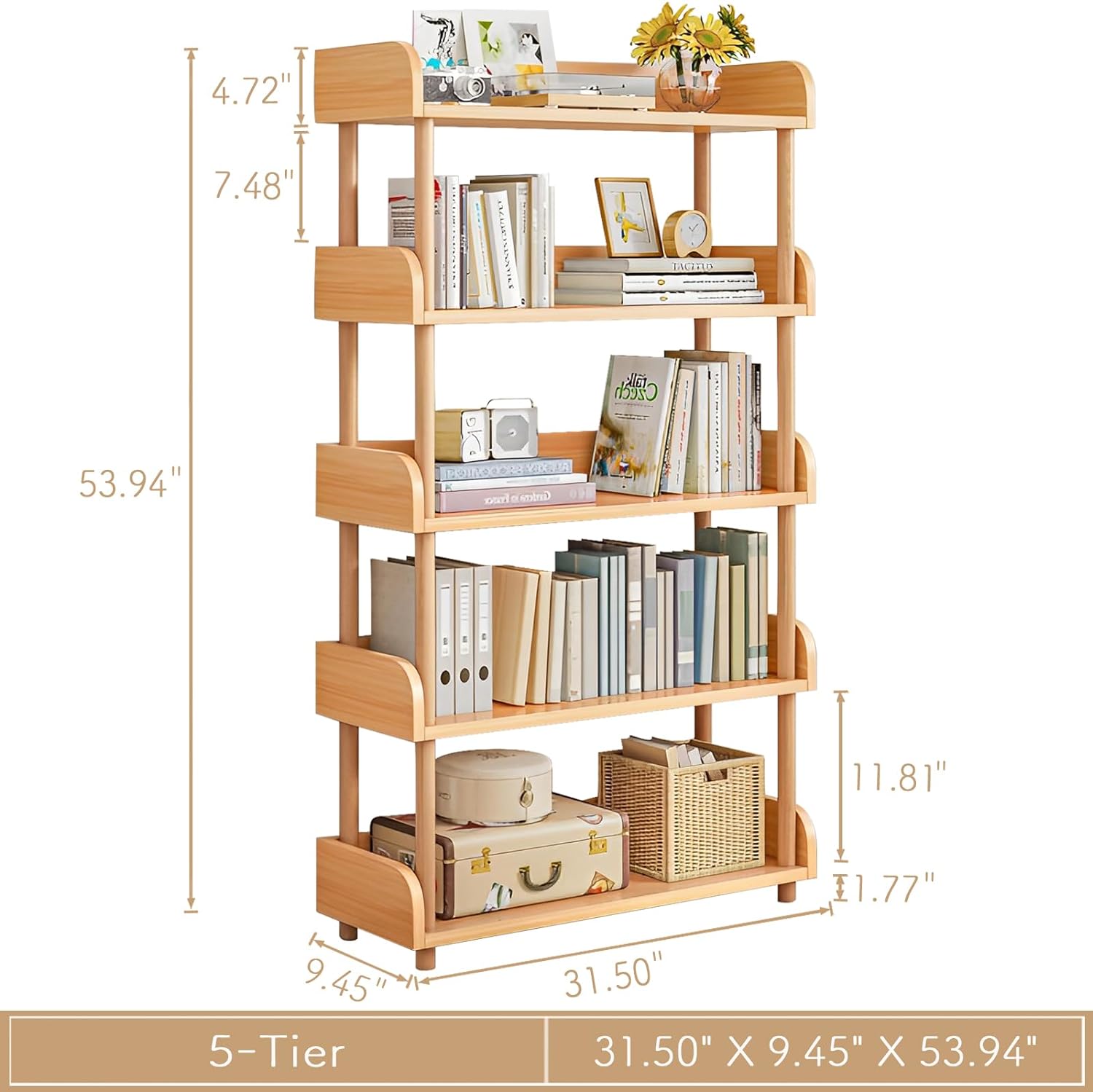 Estantería abierta moderna de 5 niveles en acabado madera clara con libros y decoraciones