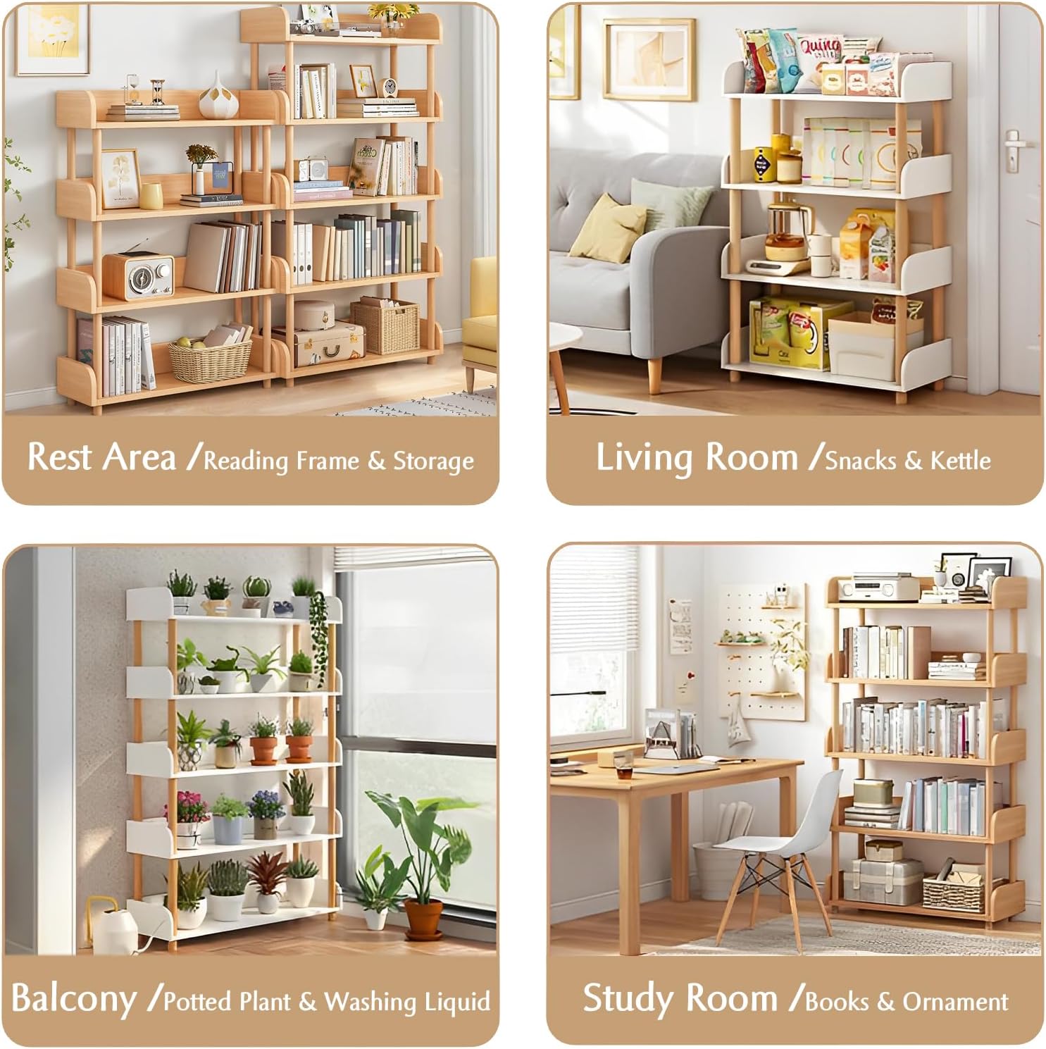 Estantería abierta moderna de madera clara con múltiples niveles para libros, plantas y decoración en diferentes ambientes del hogar