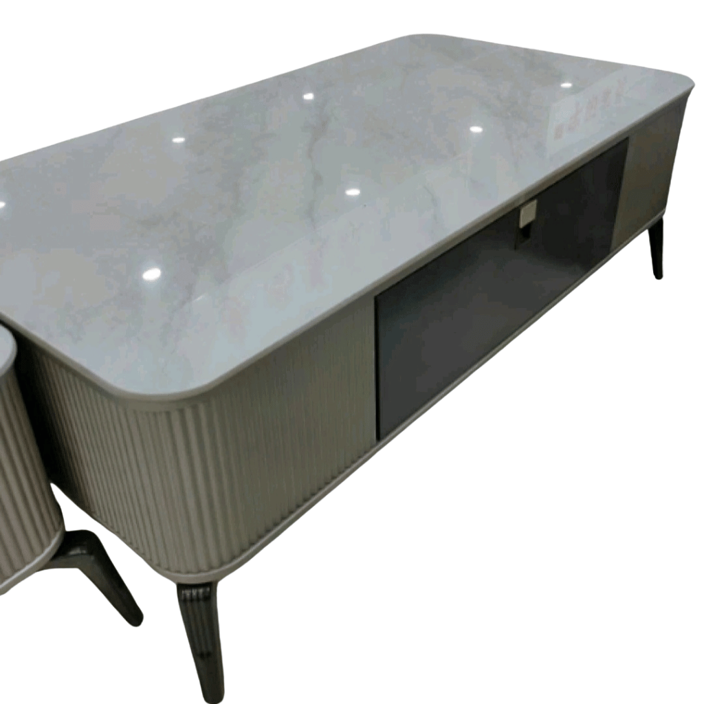 Mesa de centro moderna con superficie de mármol y diseño nórdico elegante en color gris