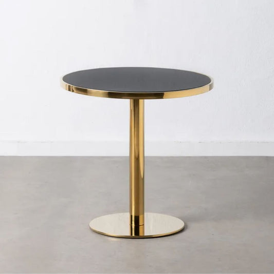 Mesa bar premium para cafetería con base dorada y superficie negra redonda elegante
