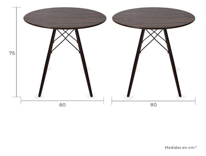 Mesa comedor redonda moderna de madera oscura con patas metálicas y diseño contemporáneo