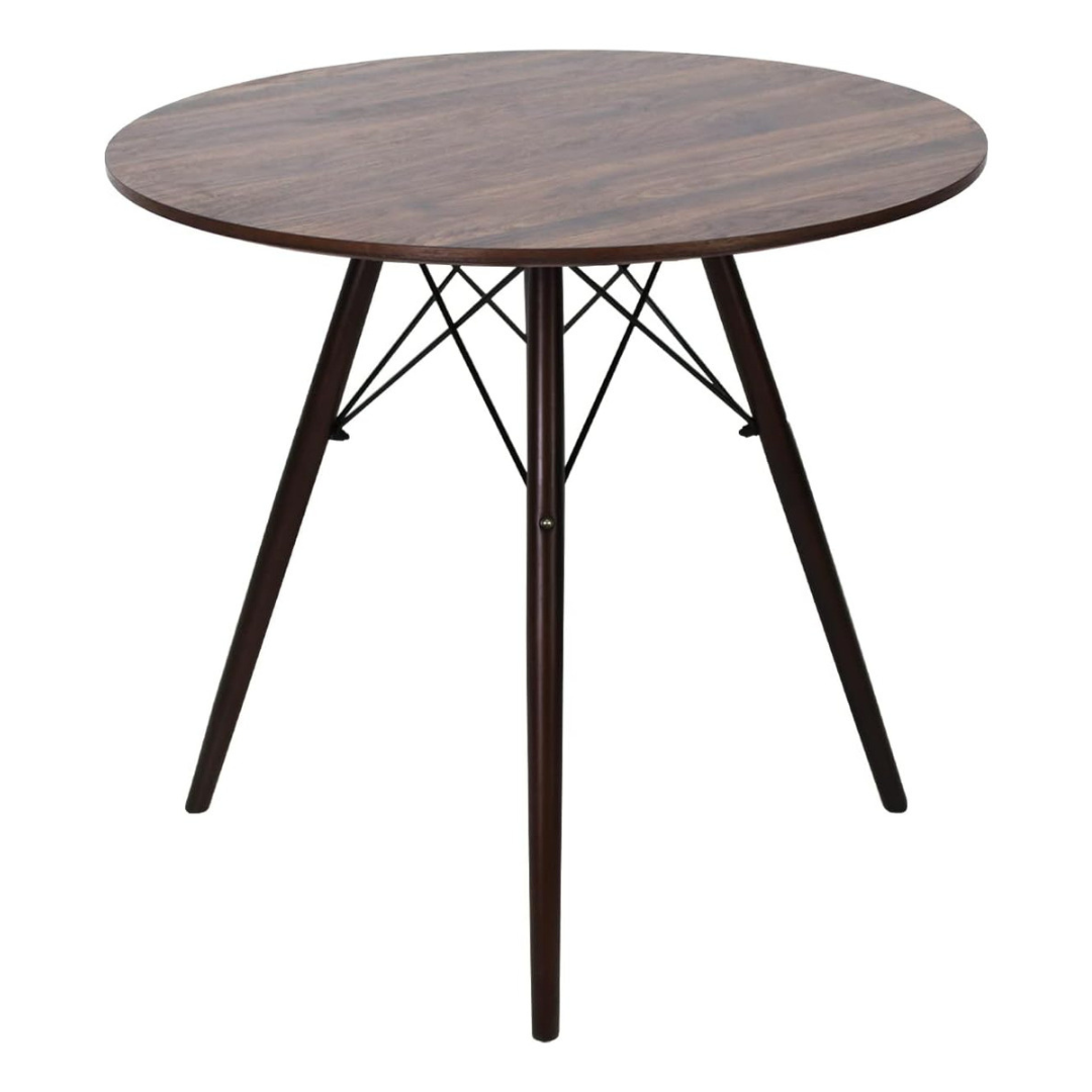 Mesa comedor redonda moderna de madera con patas metálicas en diseño contemporáneo