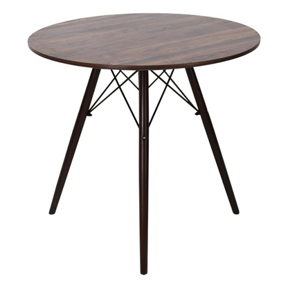 Mesa comedor redonda moderna de madera con patas metálicas en diseño contemporáneo
