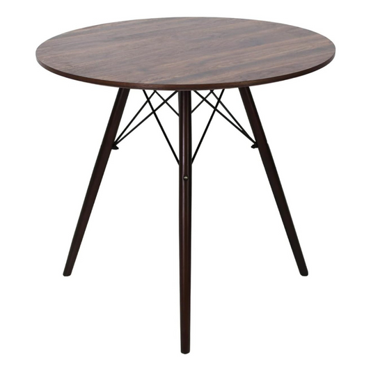 Mesa comedor redonda moderna de madera con patas metálicas en diseño contemporáneo