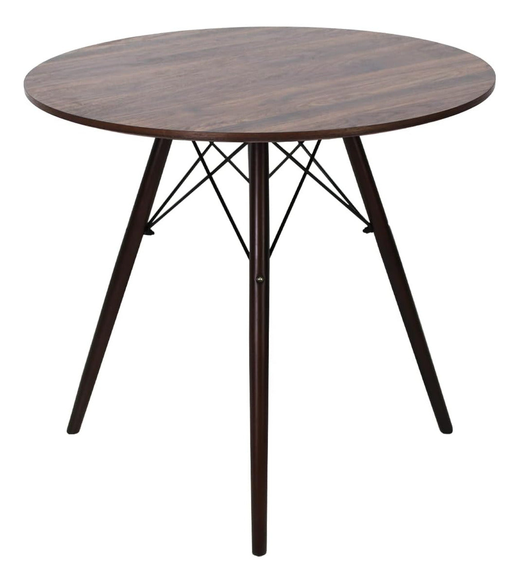 Mesa comedor redonda moderna de madera con patas metálicas negras y diseño minimalista