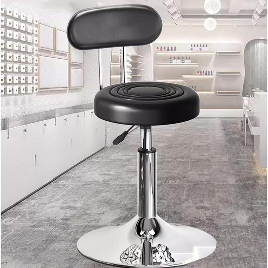 Taburete de bar giratorio negro con respaldo y base cromada ajustable para cocina o bar