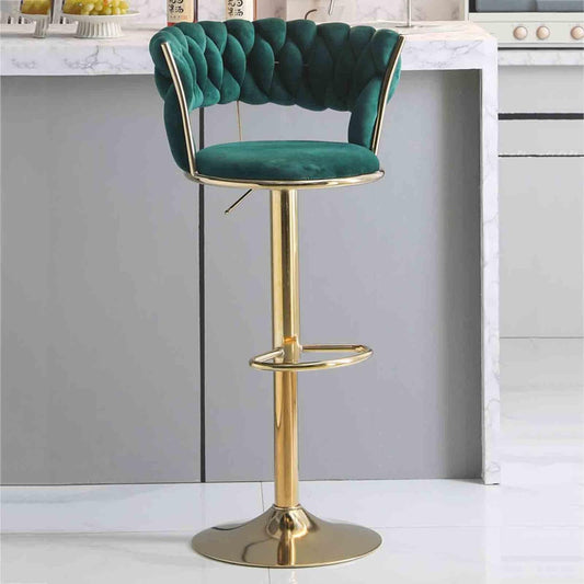 Taburete de terciopelo ajustable verde con base dorada y respaldo acolchado estilo vintage