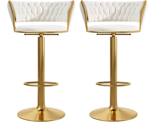 Par de taburetes giratorios modernos con asiento acolchado blanco y base dorada elegante