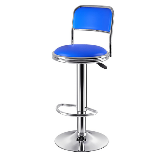 Taburete moderno comedor con asiento y respaldo azul y estructura metálica cromada ajustable
