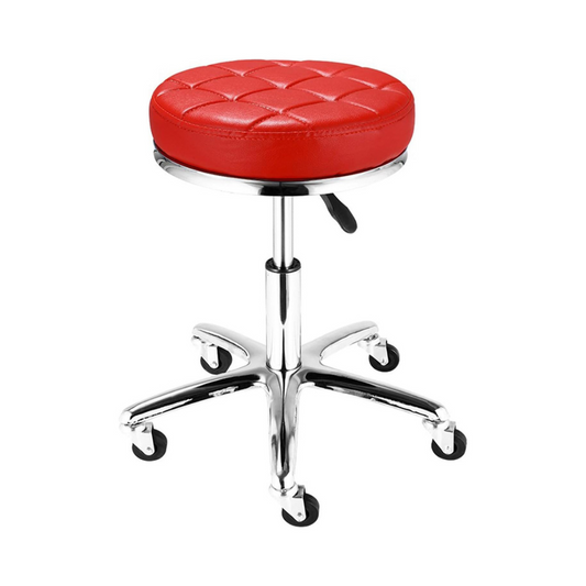 Taburete rodante moderno con asiento redondo rojo acolchado y base cromada con ruedas