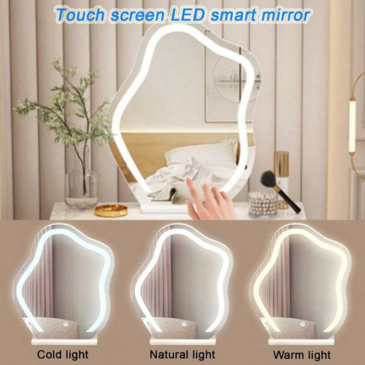 Tocador moderno con espejo iluminado en forma irregular con luz LED y control táctil de ShopinistaMeta